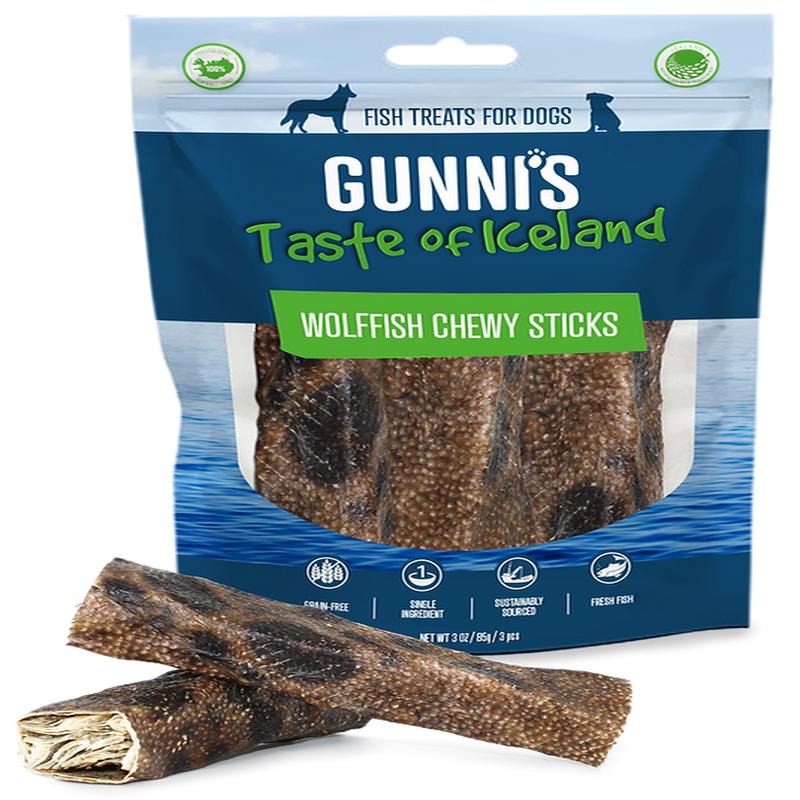 Gunni\’s Taste of Iceland Wolffish Skins Chewy Sticks Dog Treats, 3pk